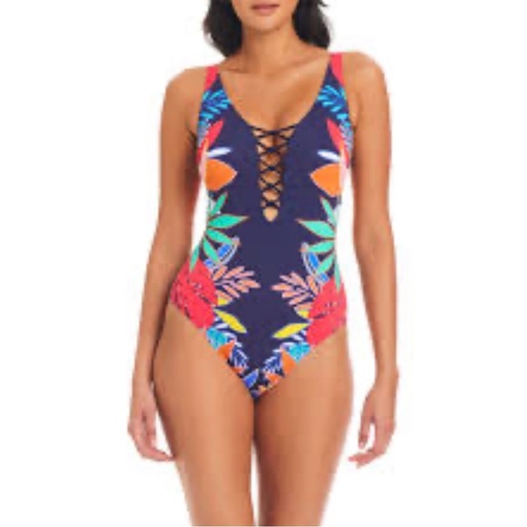 Bleu Rod Beattie Other - Women’s Bleu By Rod Beattie Navy Tropical Floral Lace Up Plunging Swimsuit — 6